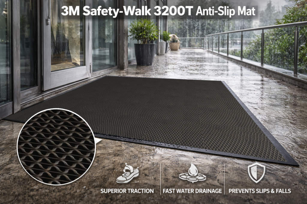 พรมกันลื่น 3M Safety-Walk 3200T ติดตั้งบนระเบียงอาคารขณะฝนตก ช่วยเพิ่มแรงยึดเกาะและลดความเสี่ยงการลื่นล้มบนพื้นเปียก