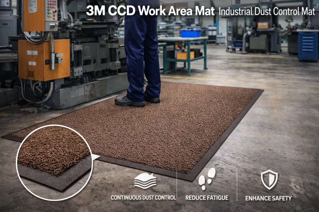 พรมดักฝุ่น 3M CCD Work Area Mat สีน้ำตาล ติดตั้งในพื้นที่โรงงาน ช่วยดักฝุ่น ลดความเมื่อยล้า และเพิ่มความปลอดภัยในการยืนทำงาน