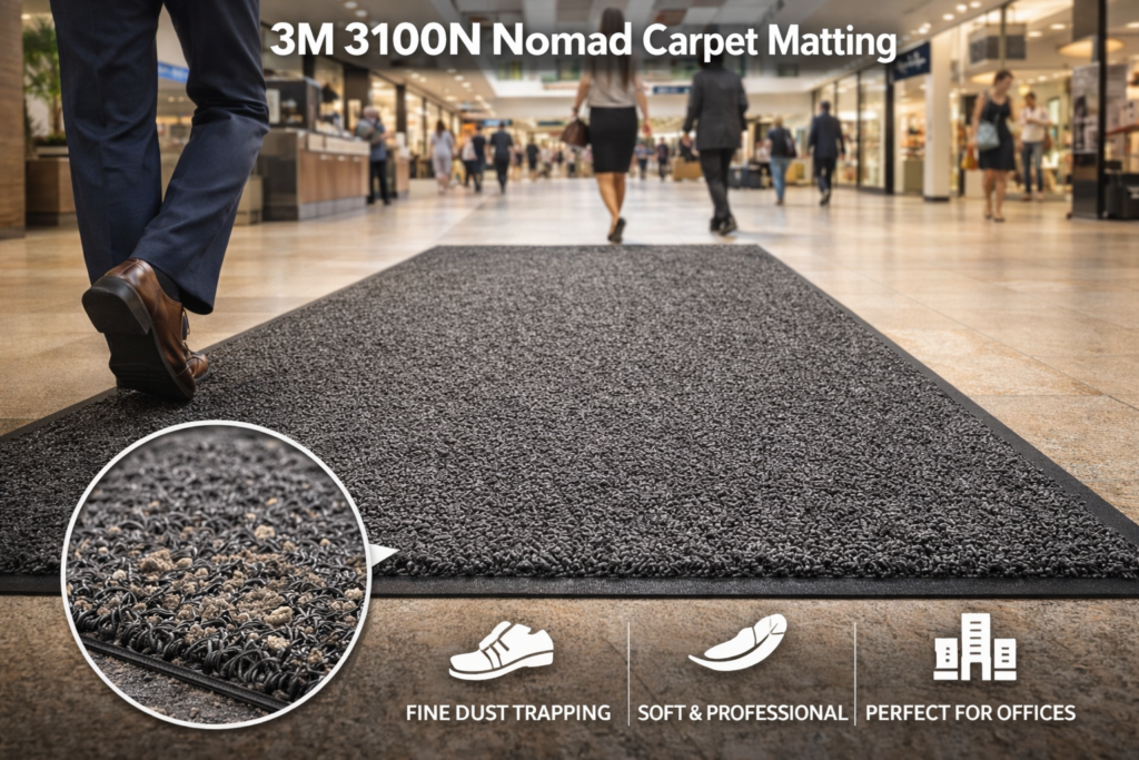 พรมดักฝุ่น 3M 3100N Nomad Carpet Matting ติดตั้งบริเวณทางเดินในห้างสรรพสินค้า ดักฝุ่นละเอียดจากรองเท้าก่อนเข้าสู่พื้นที่ภายในอาคาร