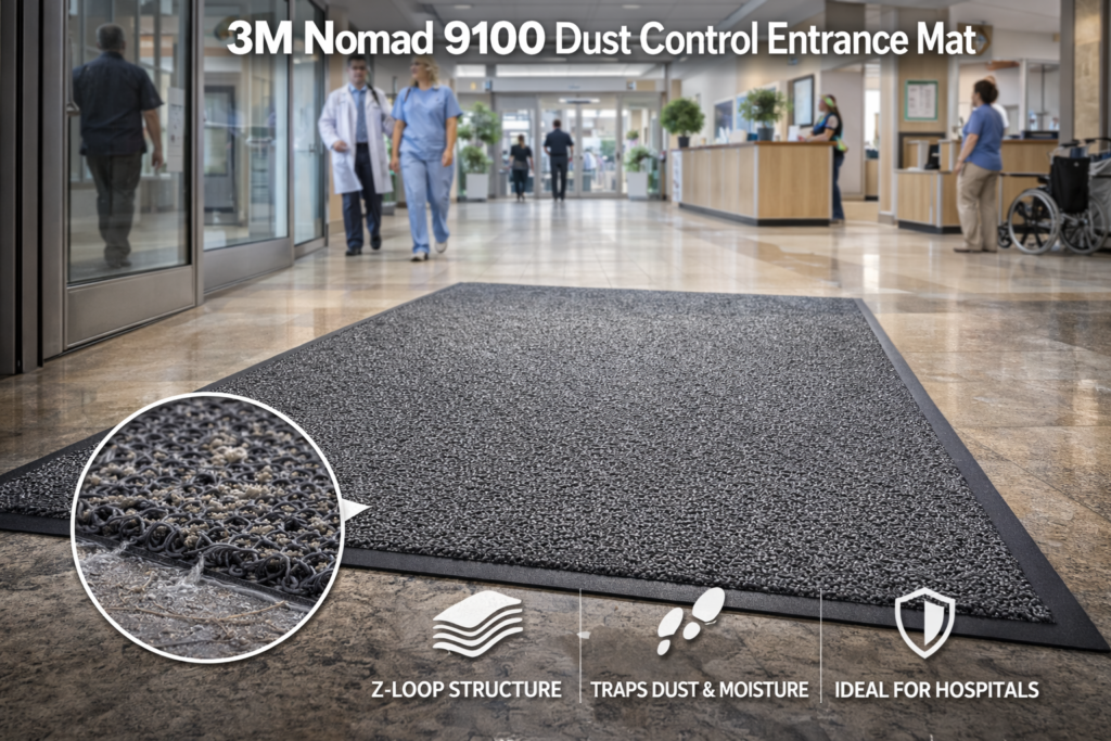 พรมดักฝุ่น 3M Nomad 9100 ติดตั้งบริเวณทางเข้าโรงพยาบาล ช่วยดักจับฝุ่นและความชื้นจากรองเท้าก่อนเข้าสู่พื้นที่ภายใน