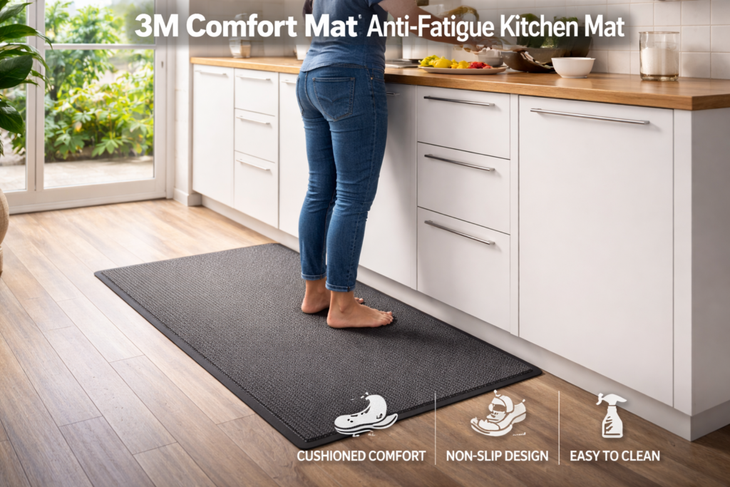 พรม 3M Comfort Mat วางในห้องครัวภายในบ้าน ช่วยลดความเมื่อยล้าจากการยืนทำอาหารและเพิ่มความสบายในการใช้งาน